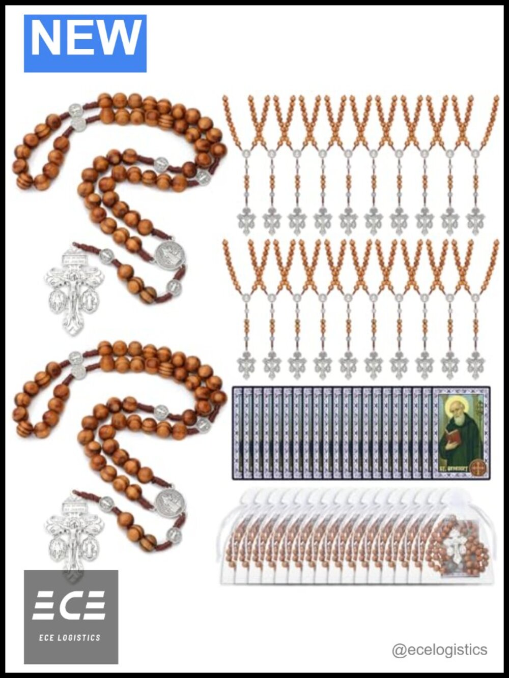 Wood Rosary Necklace Set with Crucifix & Prayer Cards